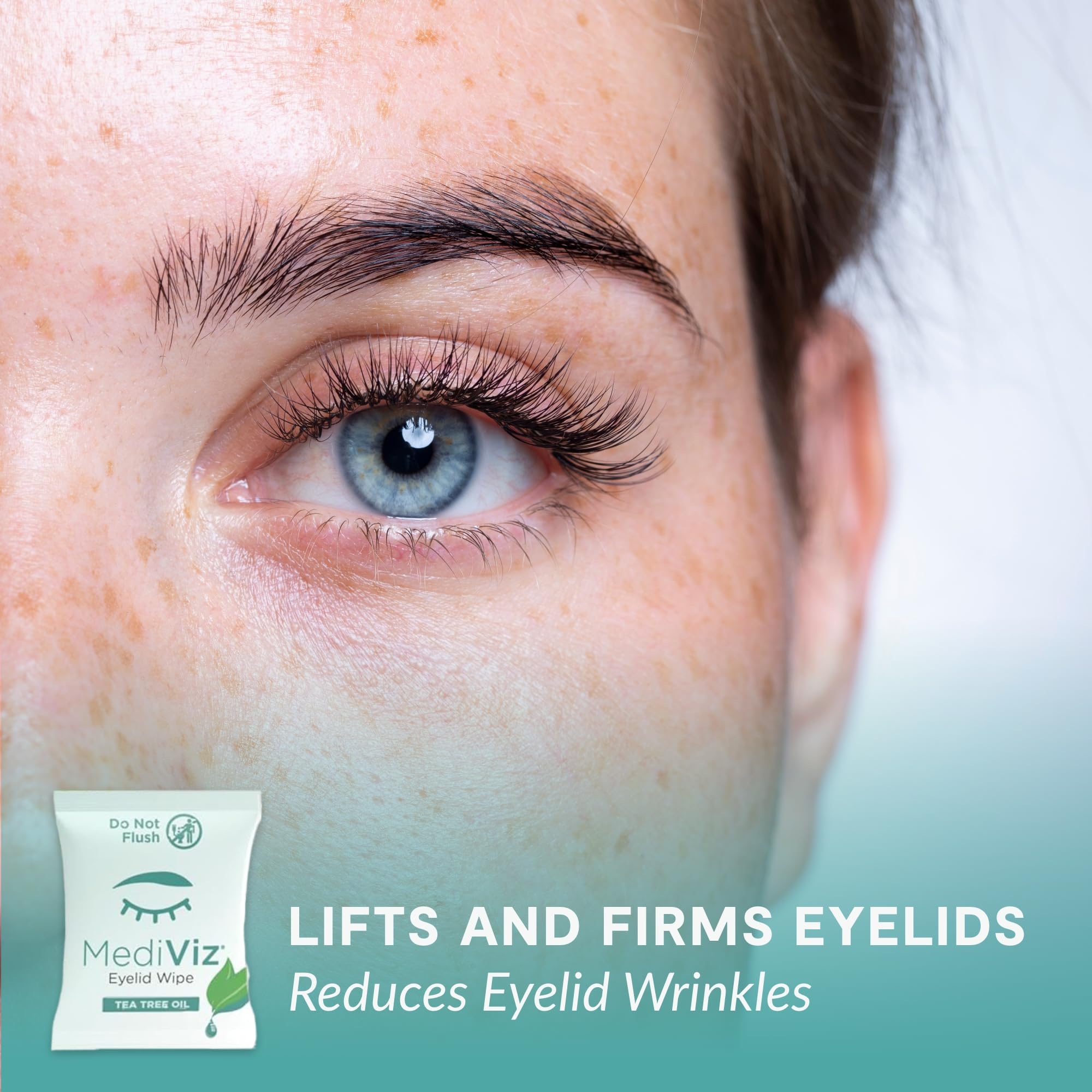 MEDIVIZ Tea Tree Eyelid Cleanser Wipes eyelid close-up highlights gentle, soothing action near the lash line