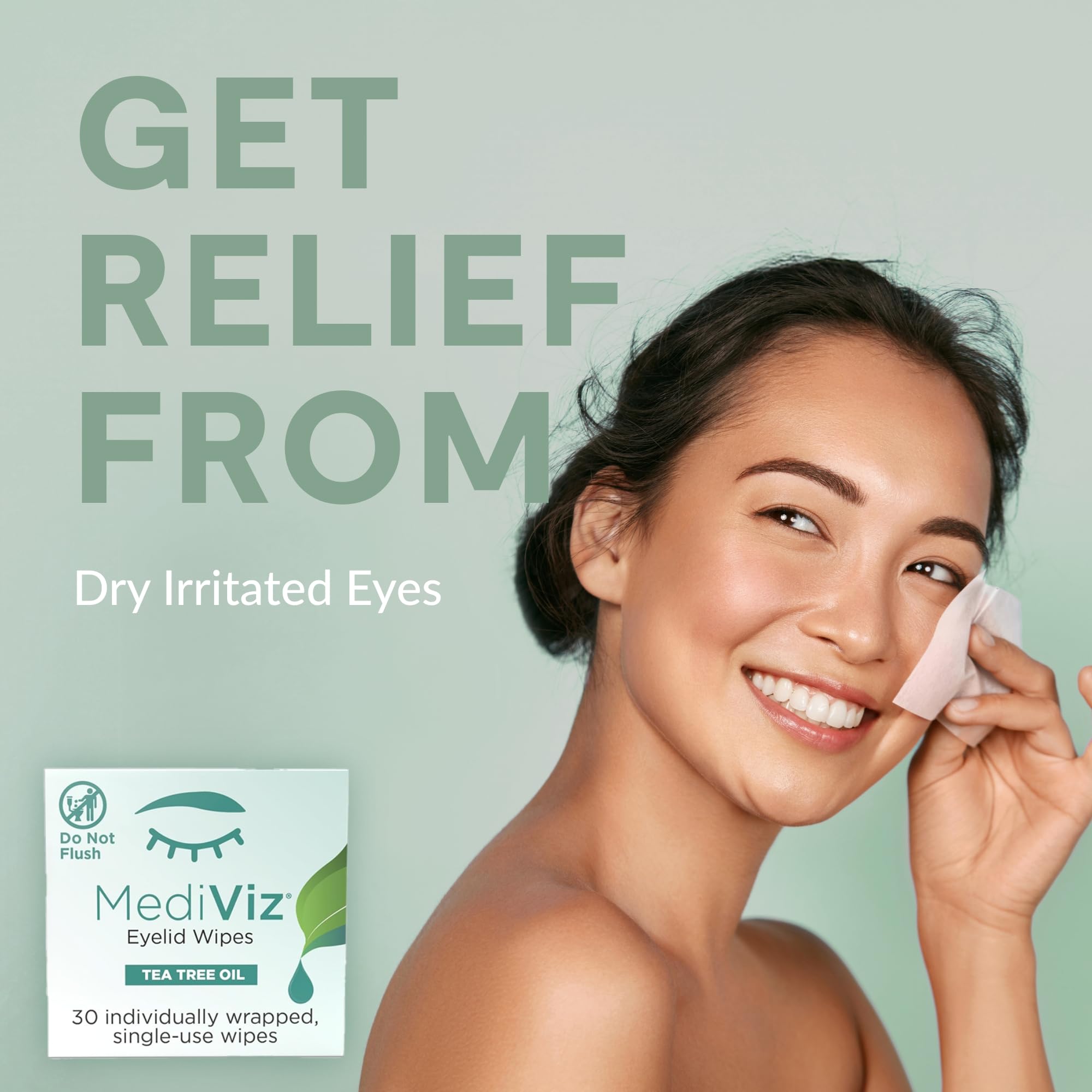 MEDIVIZ Tea Tree Eyelid Cleanser Wipes packaging promotes quick daily eye care in a rinse-free routine