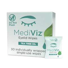 MEDIVIZ Tea Tree Eyelid Cleanser Wipes packaging highlights convenient single-use packets for quick cleansing