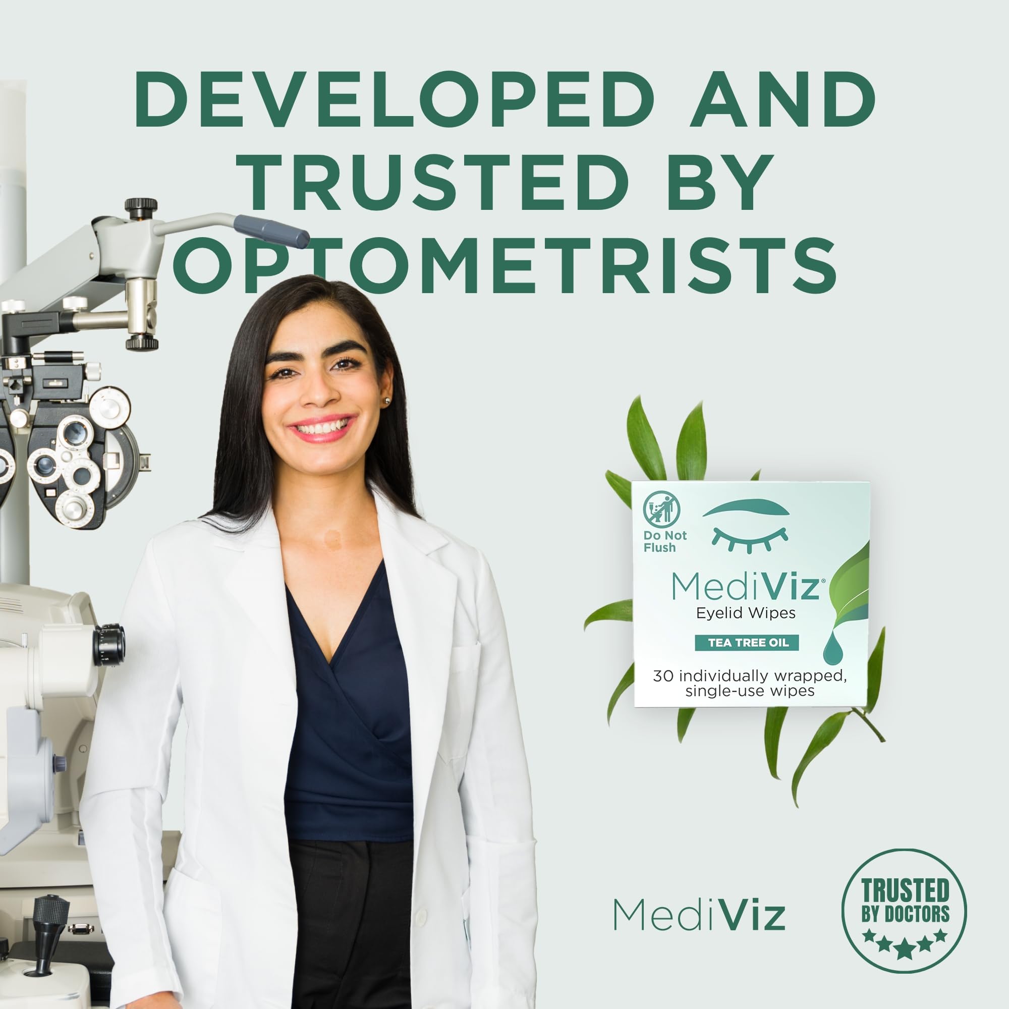 MEDIVIZ Tea Tree Eyelid Cleanser Wipes tea tree oil close-up shows natural active ingredient in a fragrance-free formula