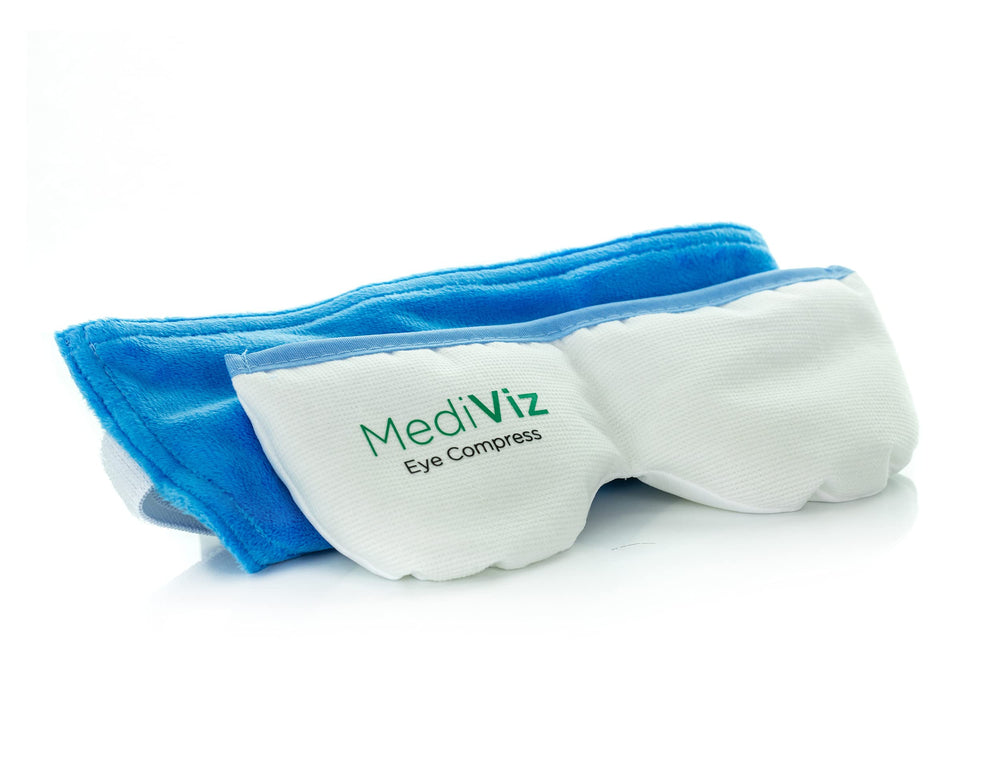 MEDIVIZ Warm Compress Eye Mask rests over eyes for soothing relaxation