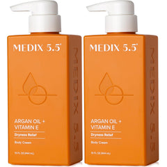 Medix 5.5 Argan Oil + Vitamin E Cream bottle delivers hydrating, non-greasy formula.