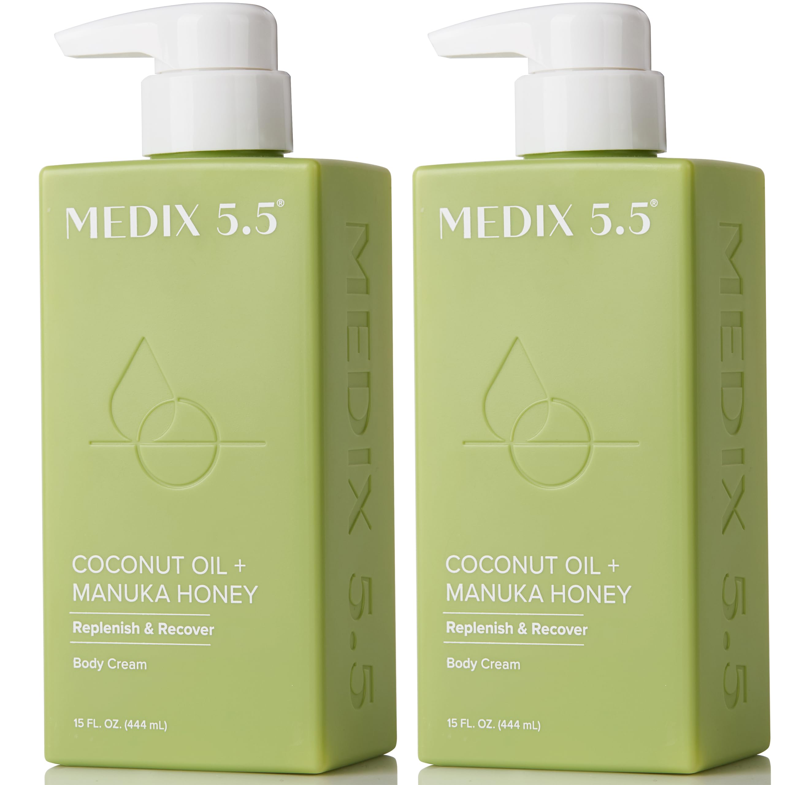 Medix 5.5 coconut oil lotion bottle pour demonstrates hydrating moisture for skin.