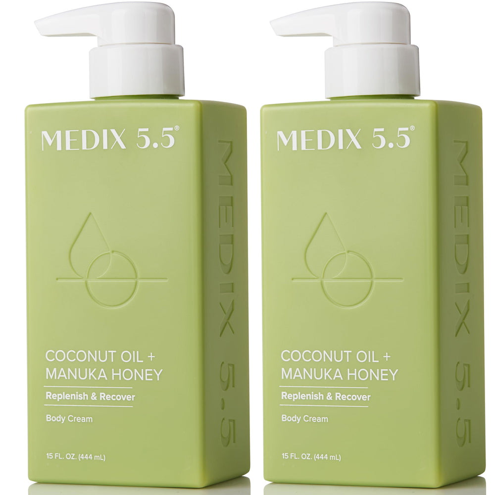Medix 5.5 coconut oil lotion bottle pour demonstrates hydrating moisture for skin.