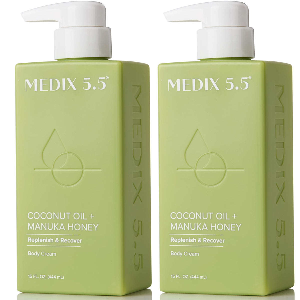 Medix 5.5 coconut oil lotion bottle pour demonstrates hydrating moisture for skin.
