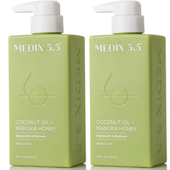 Medix 5.5 coconut oil lotion bottle pour demonstrates hydrating moisture for skin.