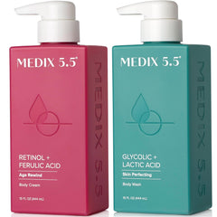 Medix 5.5 Exfoliating Wash bottle foaming action for smoother, refreshed skin.