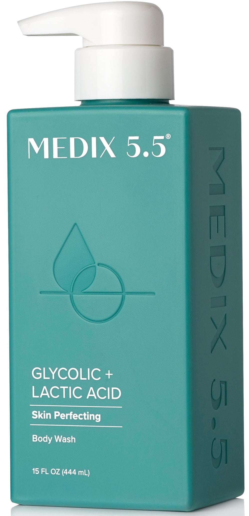 Medix 5.5 glycolic-lactic exfoliating body wash bottle delivering a smooth skin glow