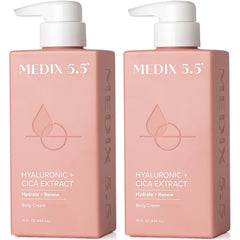 Medix 5.5 hyaluronic acid cream bottle highlights hydrating, plumping skin effects.