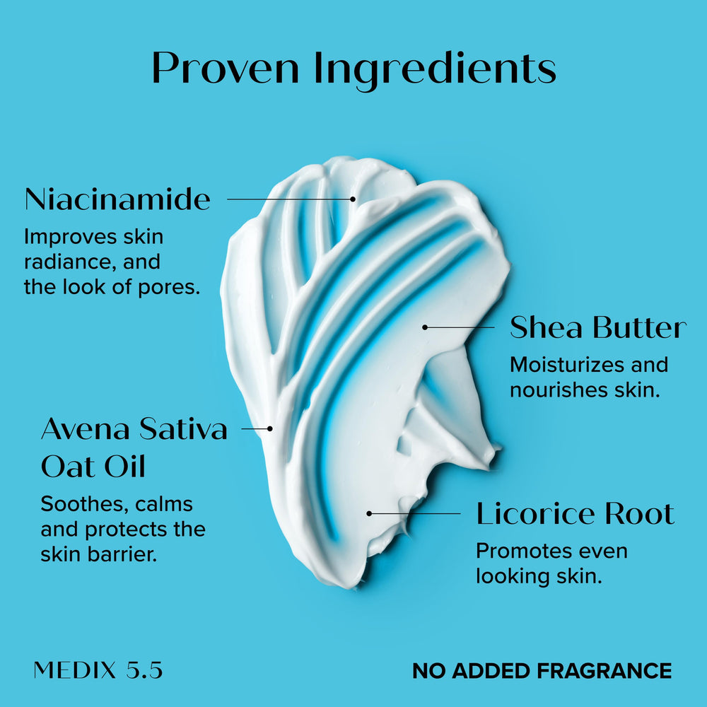 Medix 5.5 Niacinamide Lotion close-up highlighting vitamin E and aloe for soothing hydration