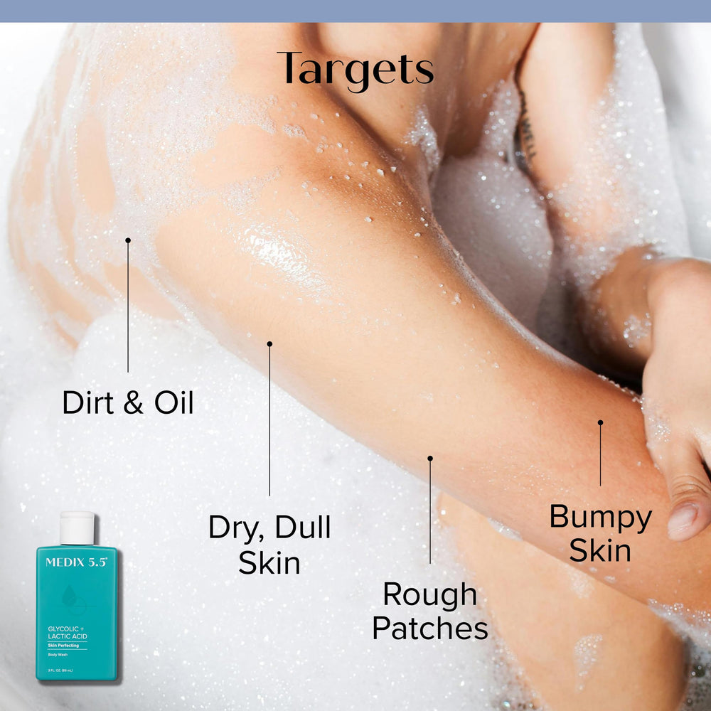 Medix 5.5 Shower scene with glycolic wash lather smoothing skin.
