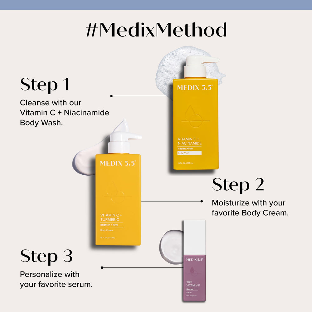 Medix 5.5 Vitamin C body lotion dispensing closeup demonstrates hydrating anti-aging potential