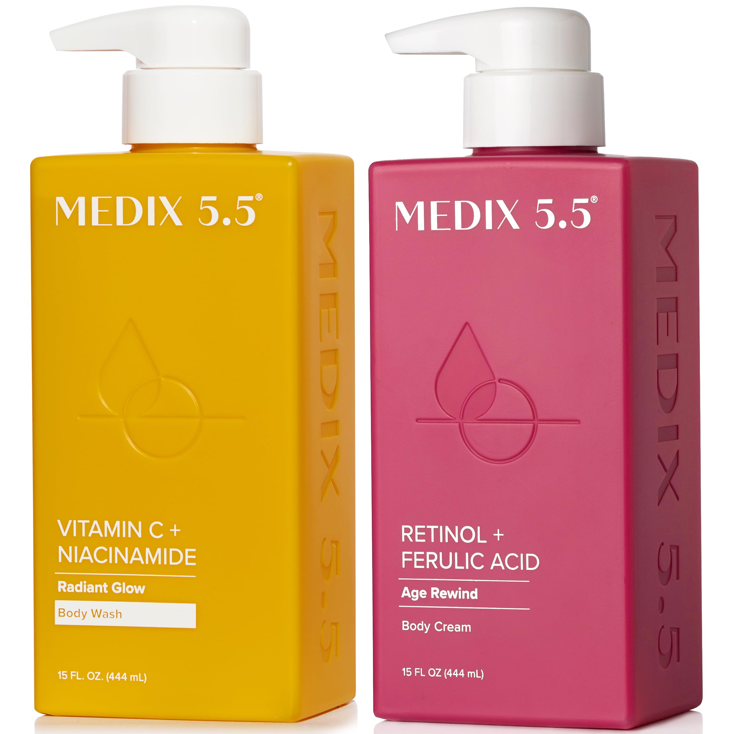 Medix 5.5 Vitamin C Body Wash pump bottle offers a refreshing cleanse with potential radiance.