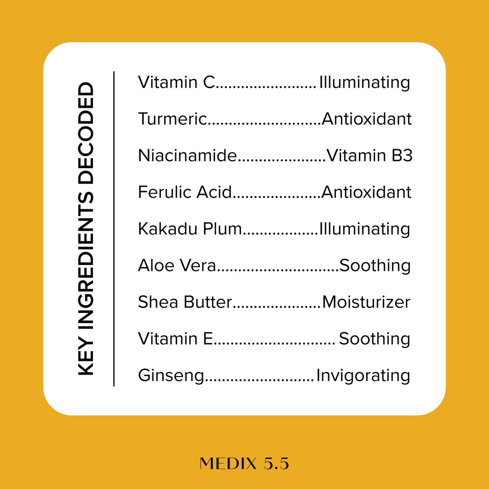 Medix 5.5 Vitamin C cream with aloe vera nourishes and cools skin.