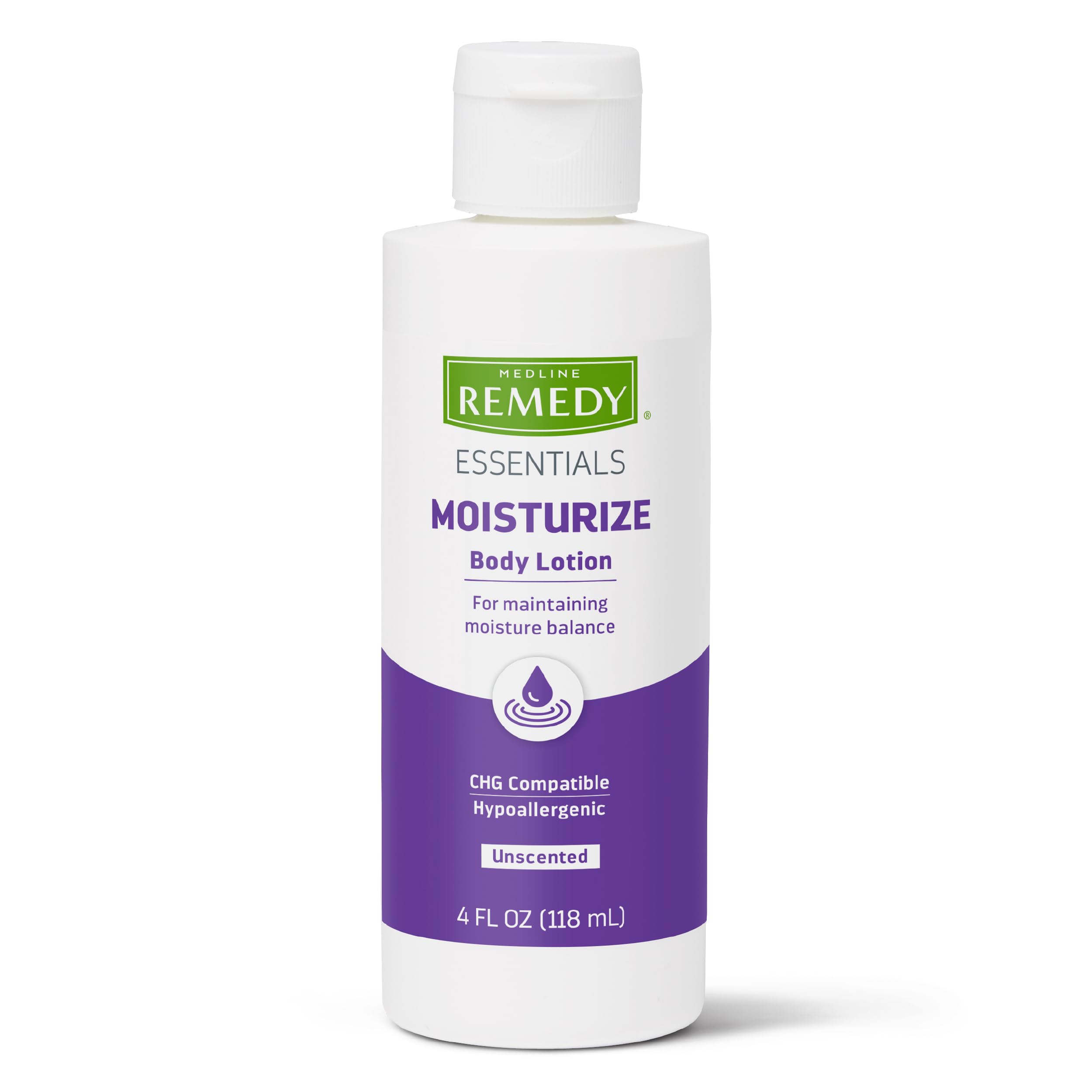 Medline Remedy Essentials unscented lotion 4 oz bottle delivers lightweight daily hydration.