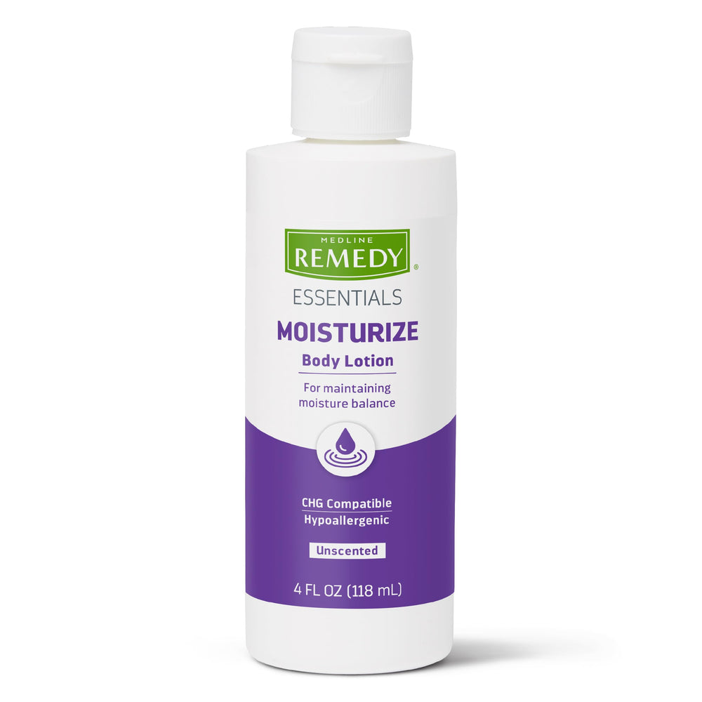 Medline Remedy Essentials unscented lotion 4 oz bottle delivers lightweight daily hydration.