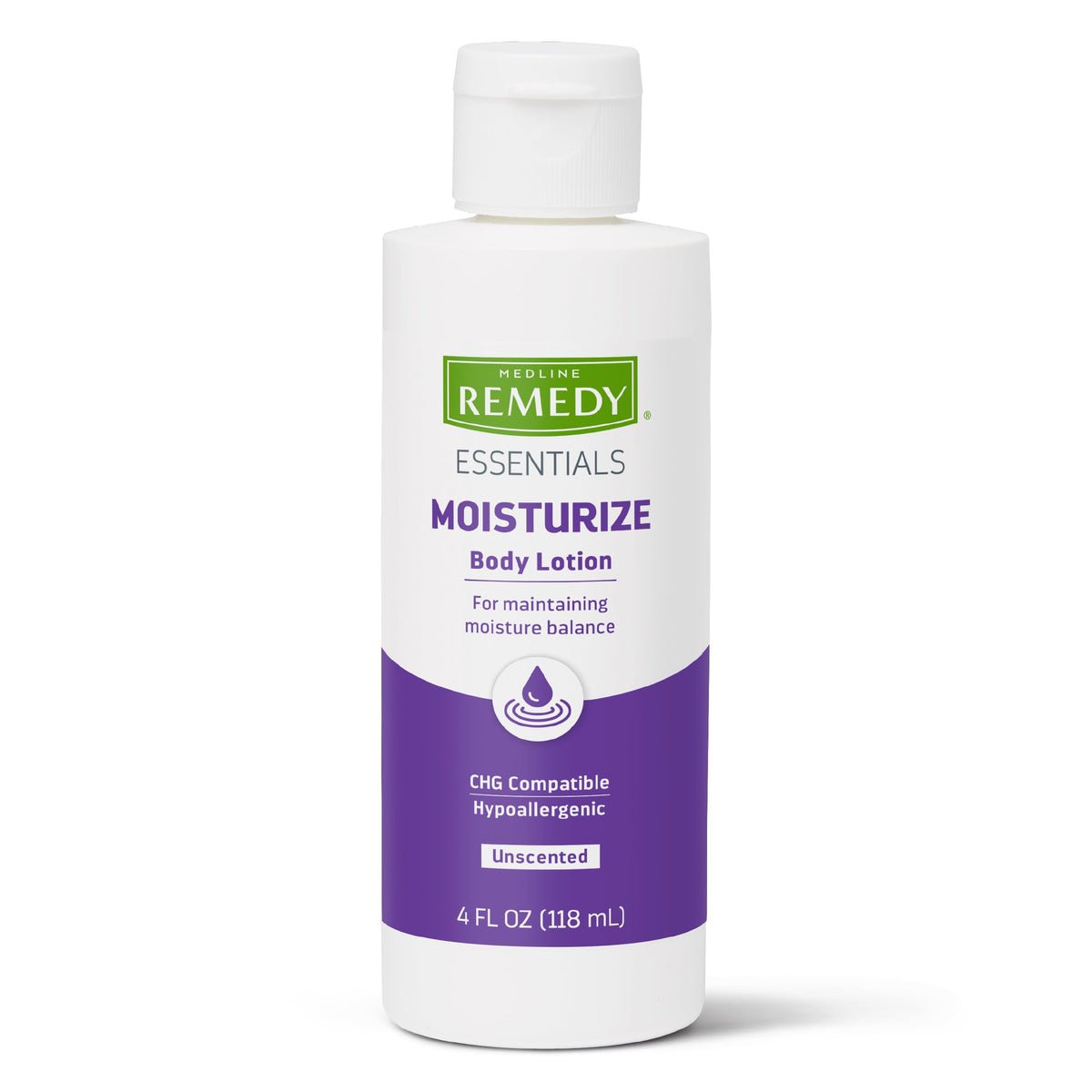 Medline Remedy Essentials unscented lotion 4 oz bottle delivers lightweight daily hydration.