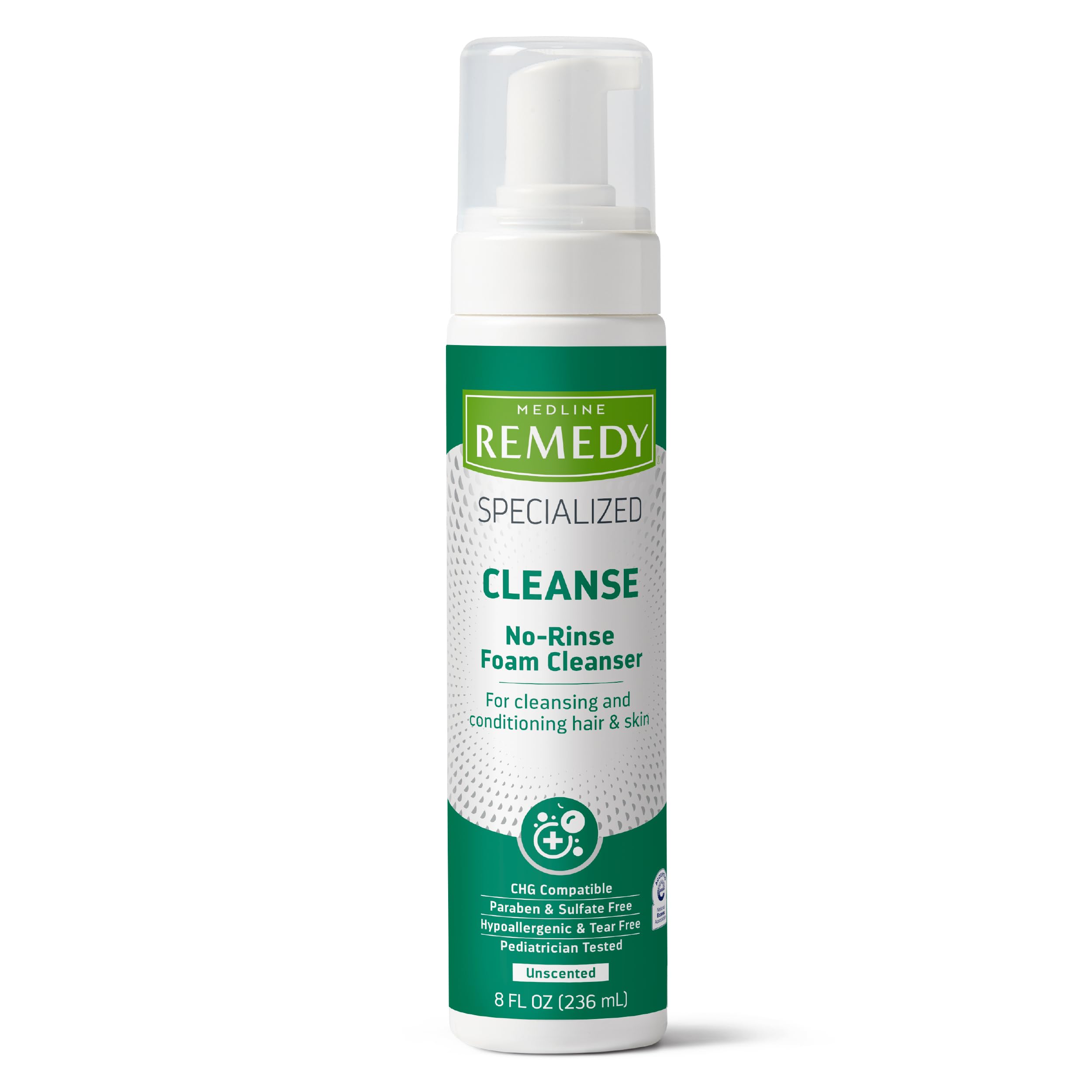 Medline Remedy no-rinse foam bottle for quick, water-free cleansing at bedside.