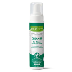Medline Remedy no-rinse foam bottle for quick, water-free cleansing at bedside.