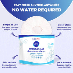 MedVance shampoo cap in-use demonstrates quick cleansing with no water for on-the-go routines