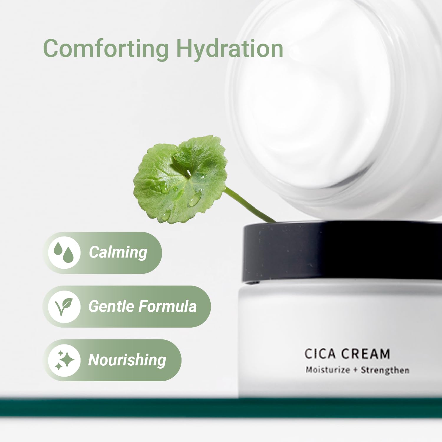 Meebak Cica Cream jar closeup emphasizing soothing formula for irritated skin.