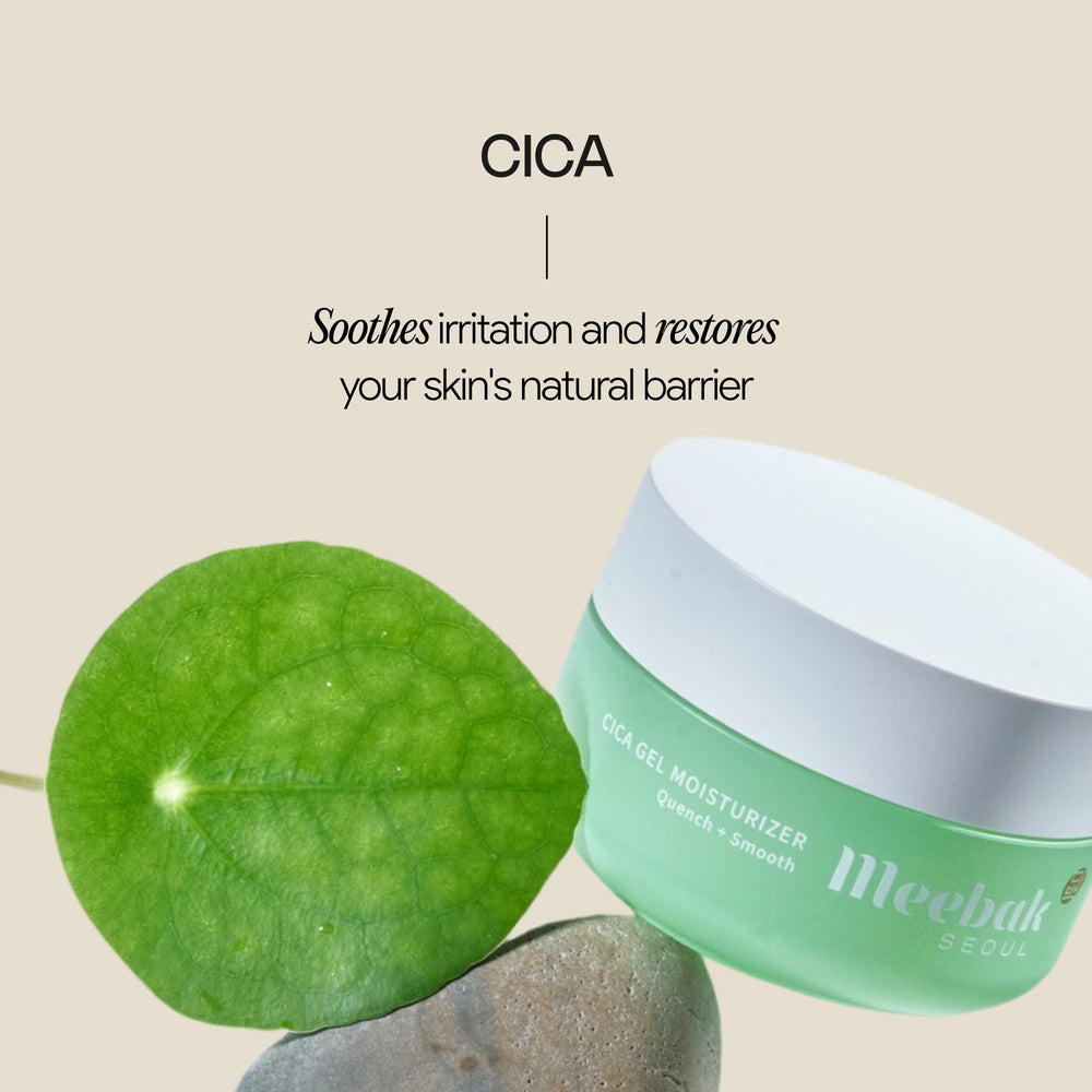 Meebak Cica Gel cream-texture swatch illustrating water-like, non-greasy application