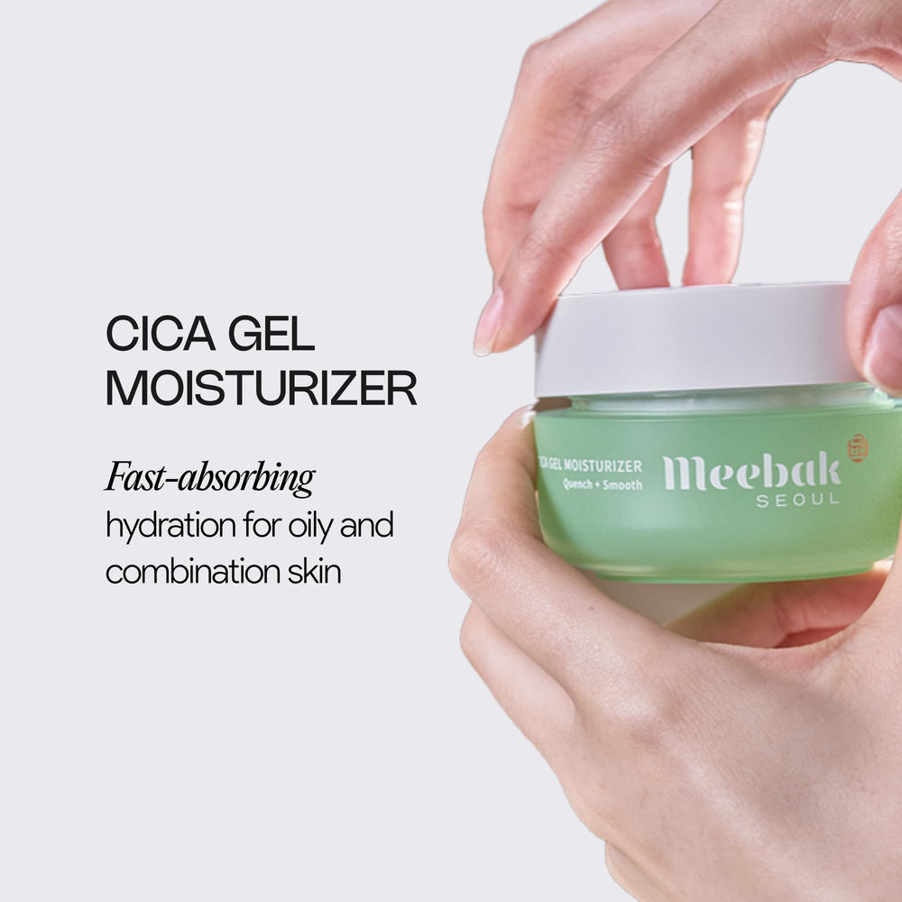 Meebak Cica Gel bottle with hyaluronic acid demonstrates cooling, refreshing relief