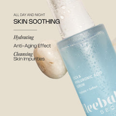 Meebak Hyaluronic Serum dropper releasing lightweight formula for plump, refreshed skin