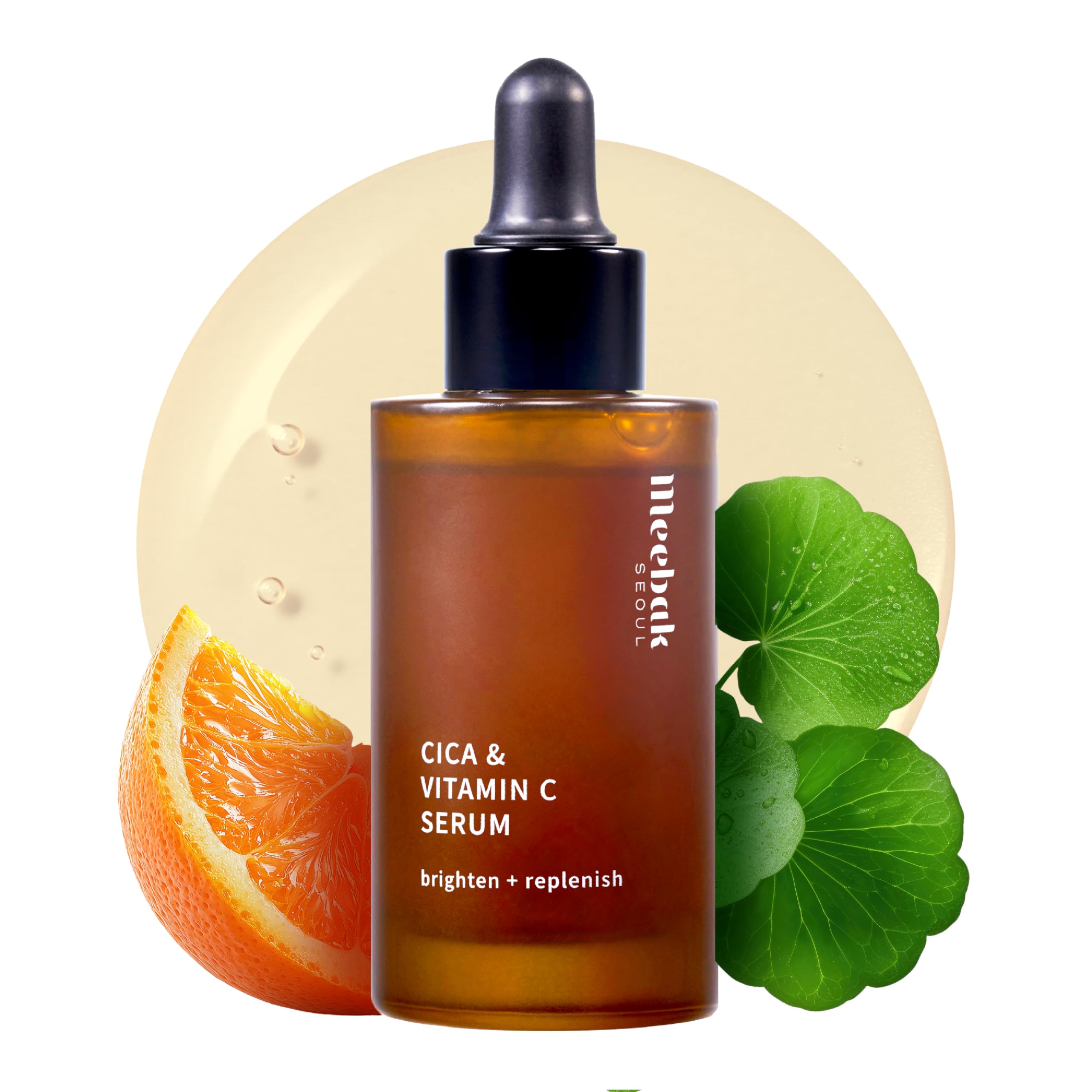 Meebak Korean Vitamin C Serum bottle closeup highlighting brightening formula for radiant skin daily care