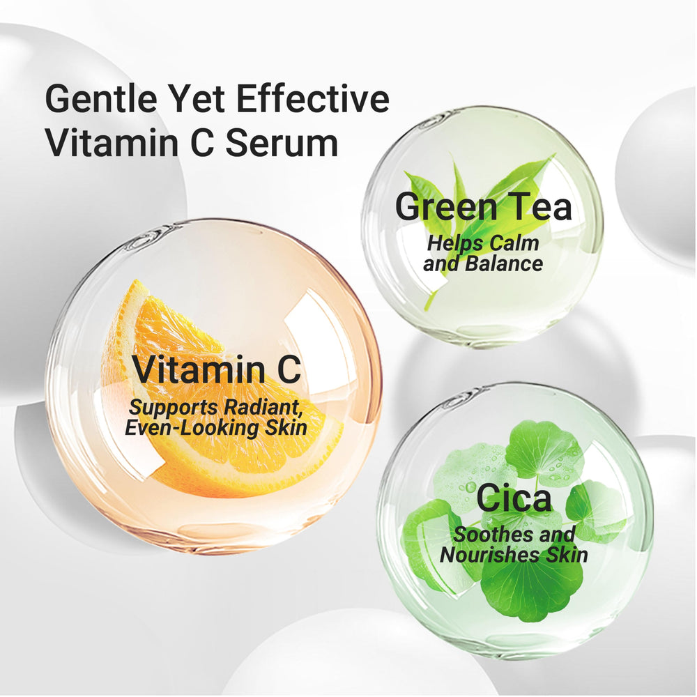 Meebak Vitamin C Serum apply on cheek visual emphasizes glowing, even-toned complexion