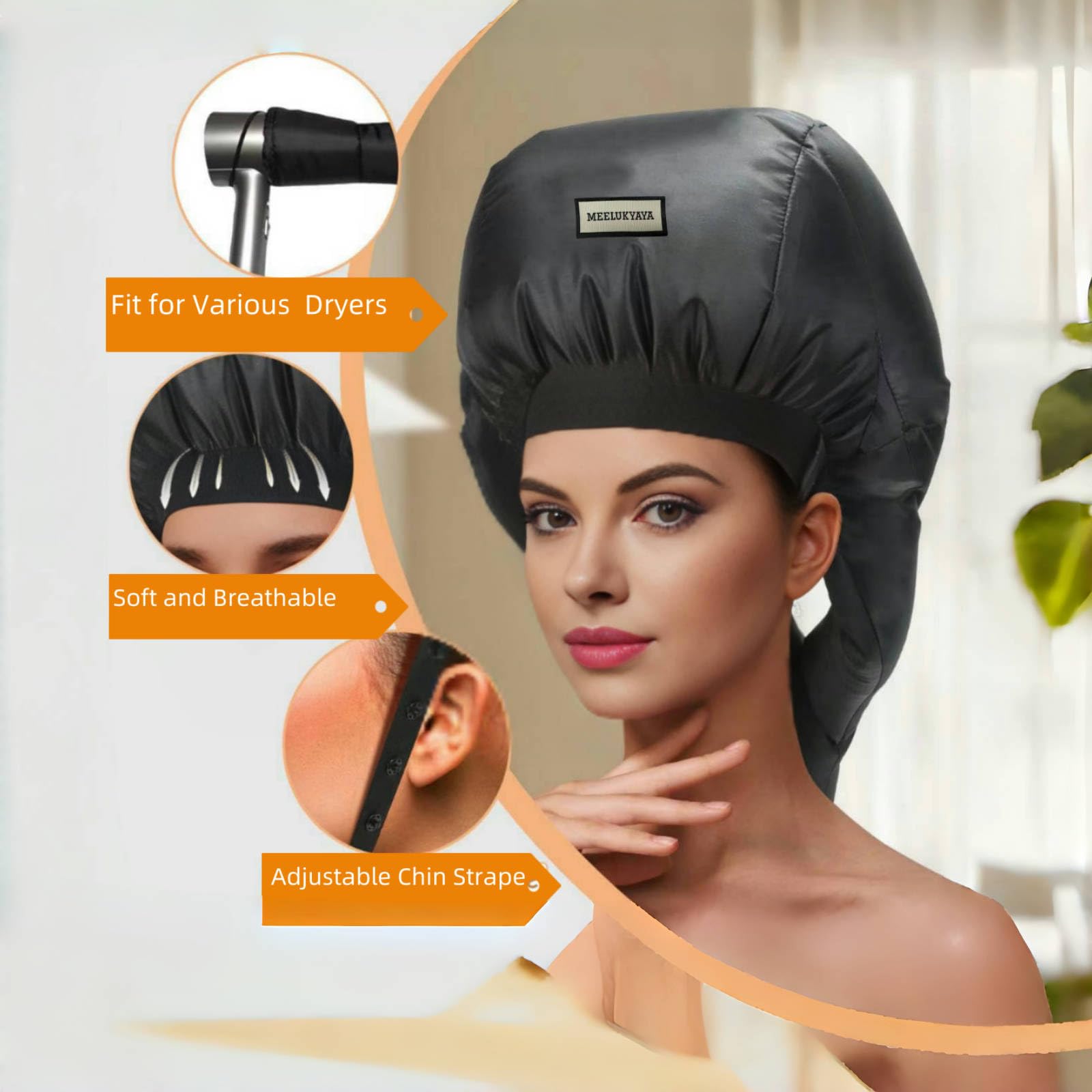 MEELUKYAYA bonnet dryer adjustable drawstring secures cap for hands-free, comfortable drying sessions