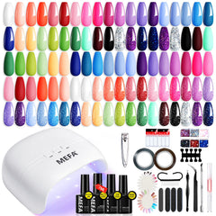 MEFA 32-color gel nails kit with full set and lamp for at-home salon-quality manicures.