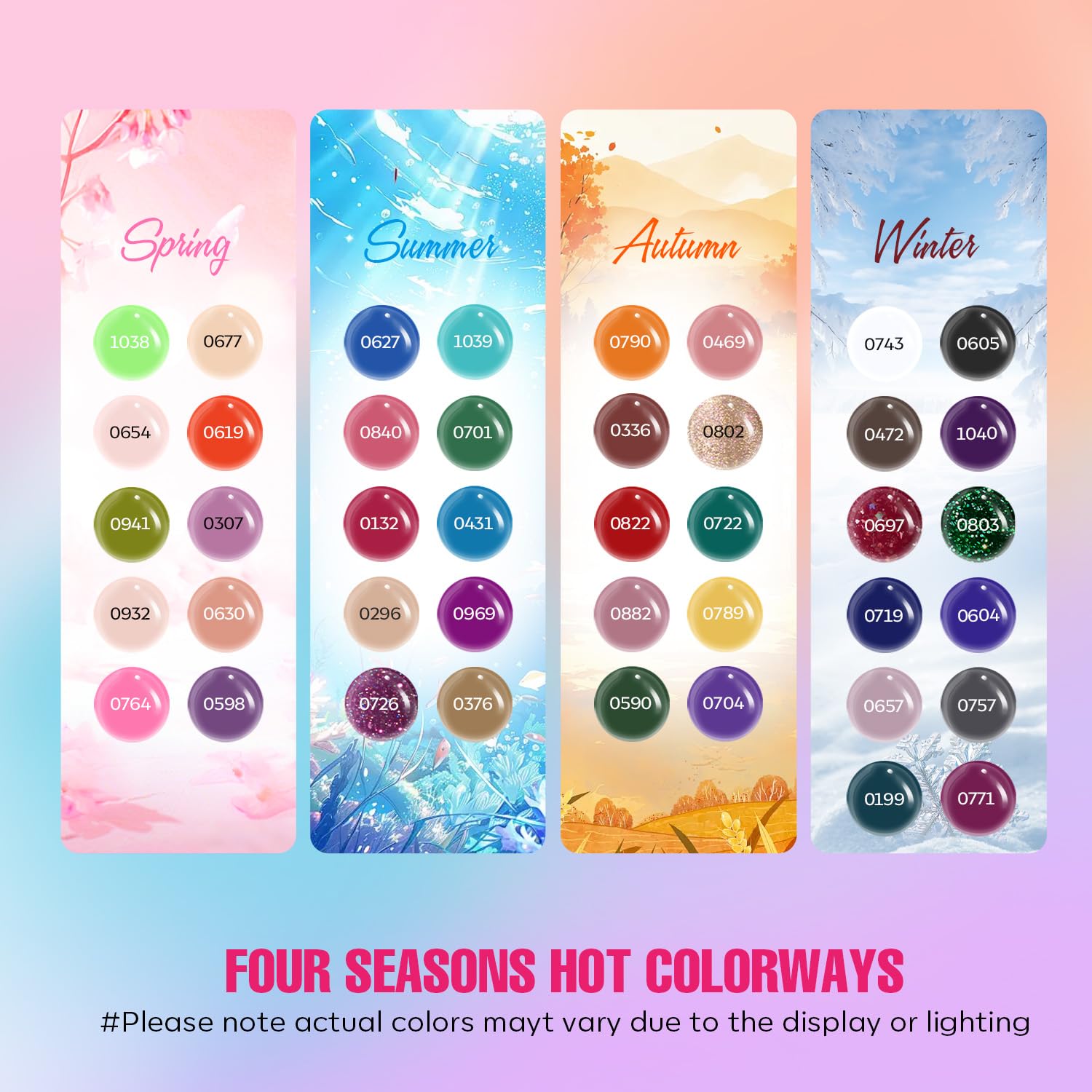MEFA 42-color swatch wheel displays seasonal shades for versatile nail art.