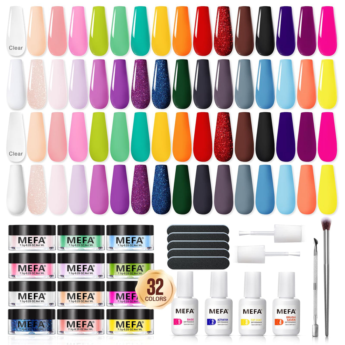 MEFA Dip Powder Kit 32 color swatches showing vibrant Spring/Summer shades for creative nails