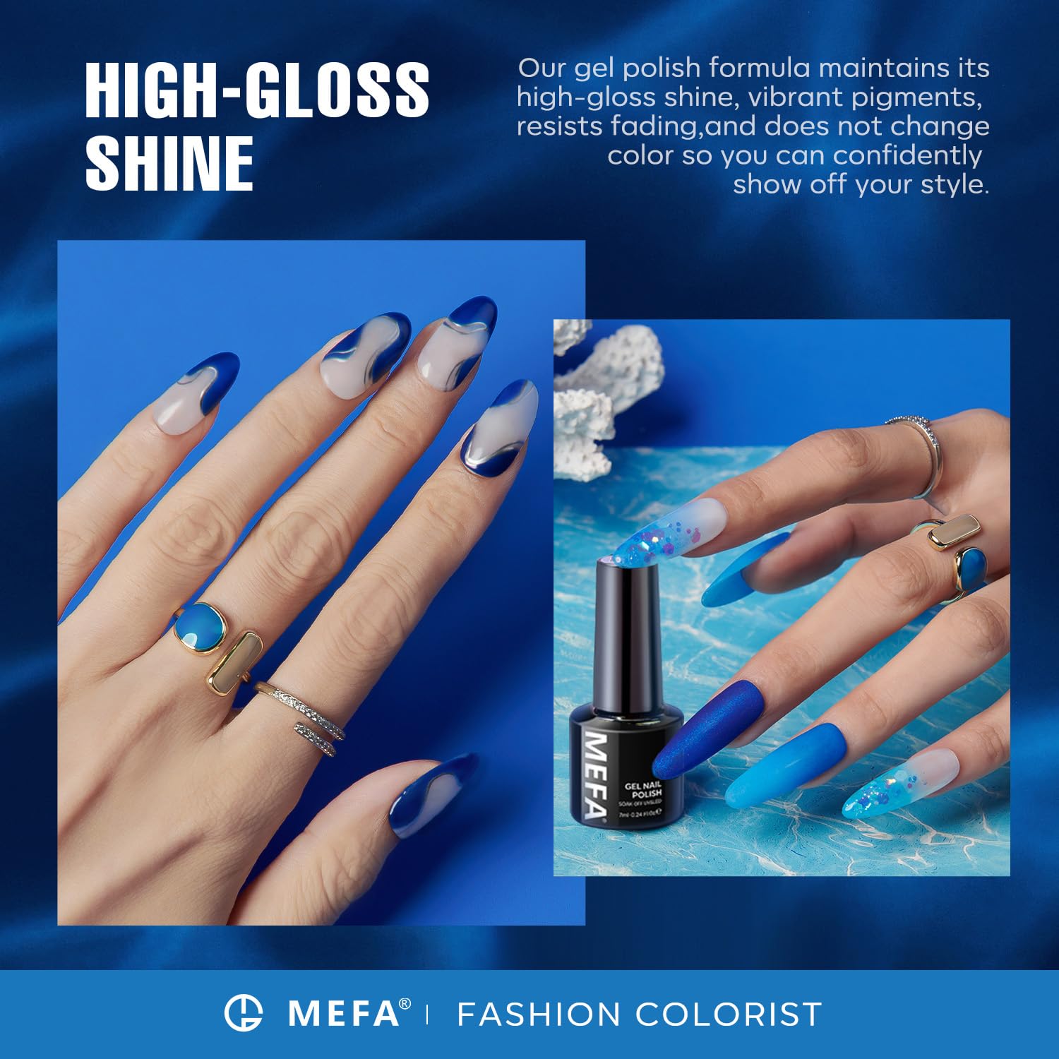 MEFA Esmalte gel azul oscuro, tono profundo para looks sofisticados