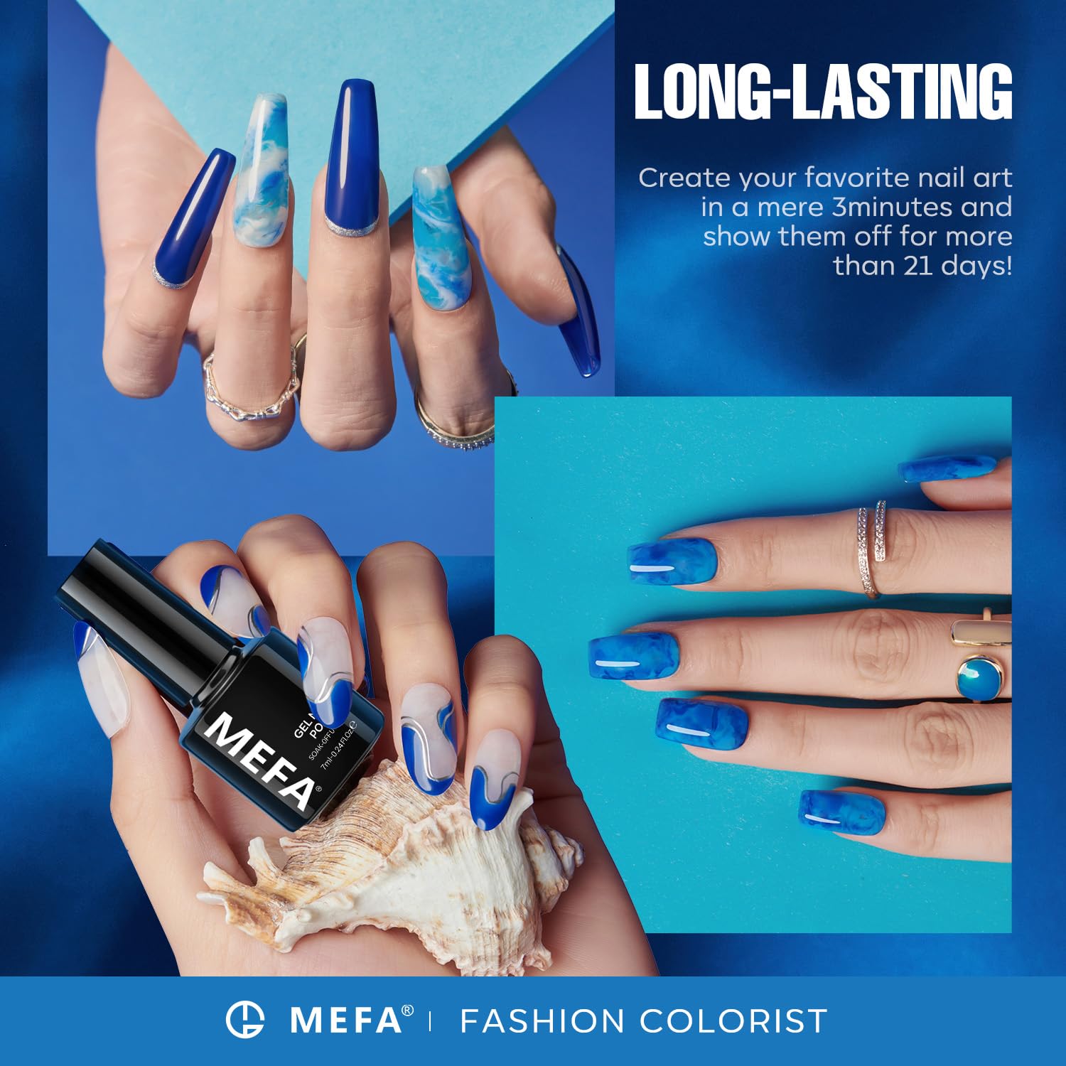 MEFA Esmalte gel azul zafiro, color vivo para un acabado luminoso