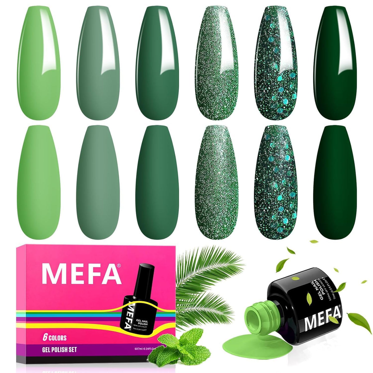 MEFA Green Gel Nail Polish set swatches six greens for chic manicures