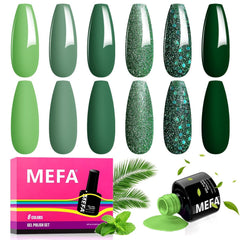 MEFA Green Gel Nail Polish set swatches six greens for chic manicures