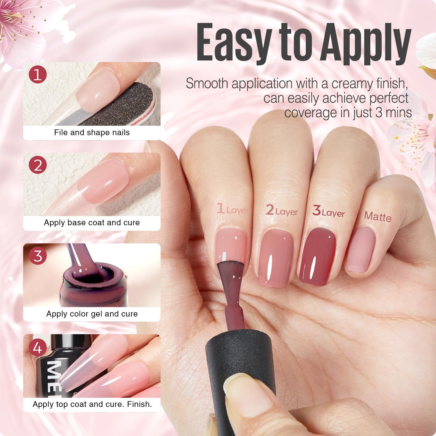 MEFA jelly gel blush shade swatch for warm rosy manicure.