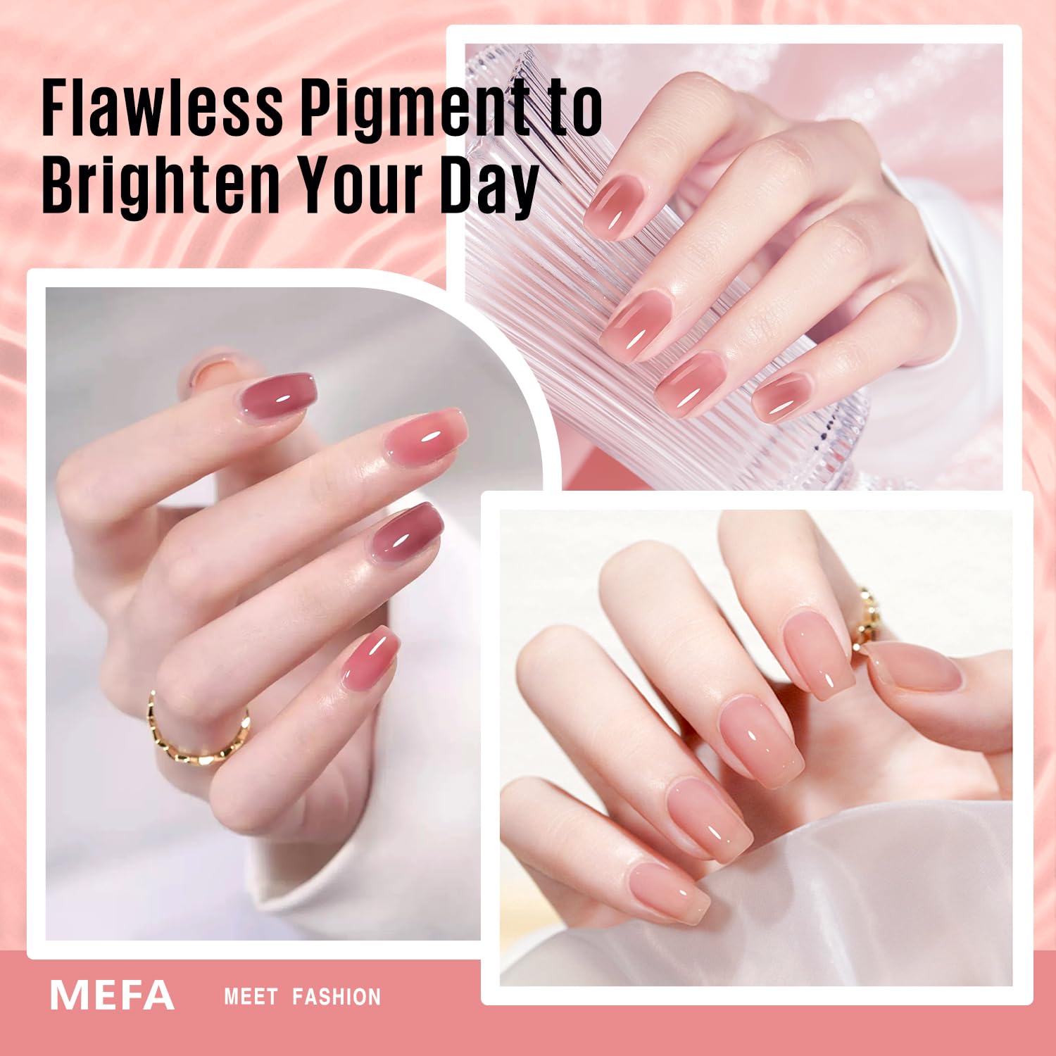 MEFA Jelly Gel Nail Polish Set brush applications demonstrate smooth, brush-stroke-free gel polish for professional-looking nails.
