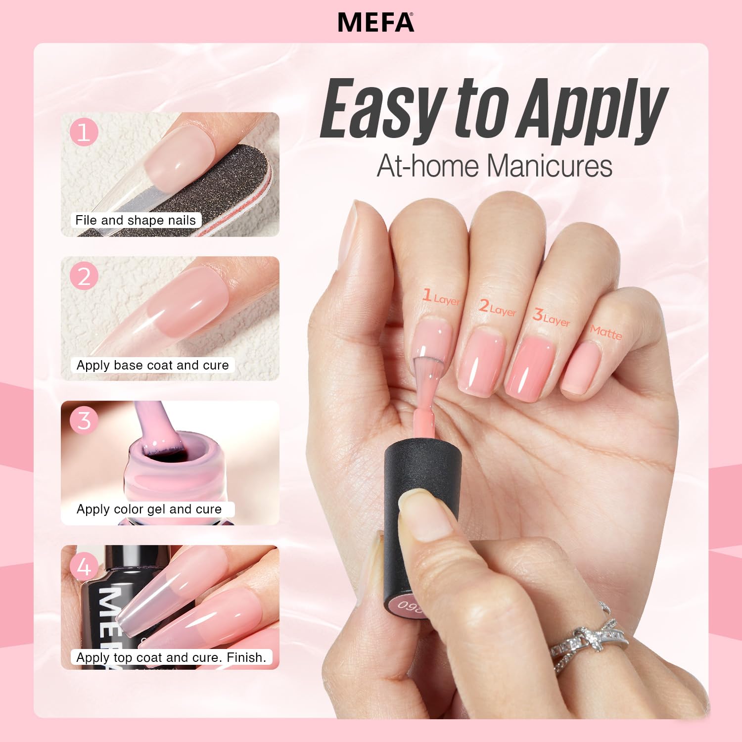 MEFA jelly-gel texture provides self-leveling, bubble-free finish for sleek nail art.