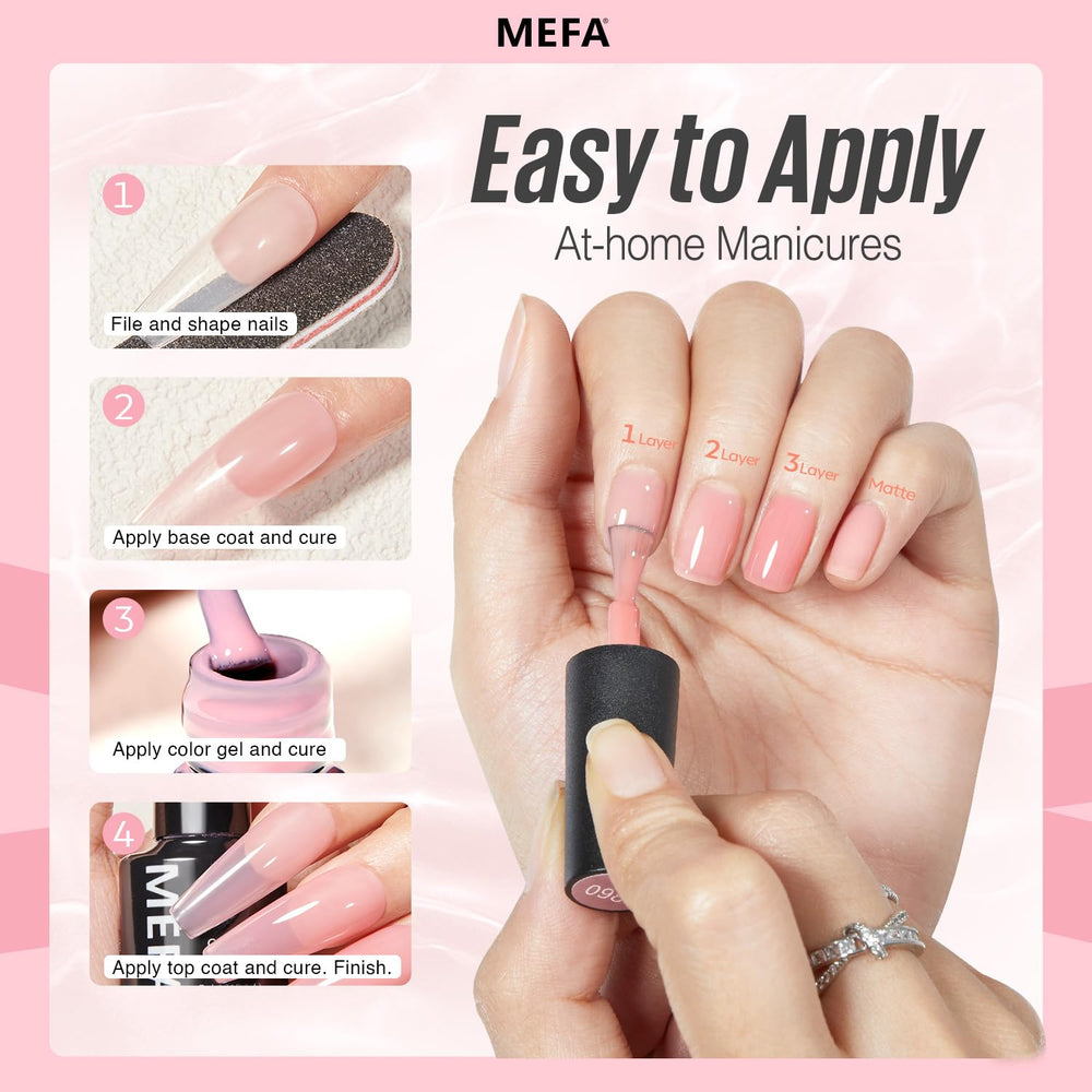 MEFA jelly-gel texture provides self-leveling, bubble-free finish for sleek nail art.