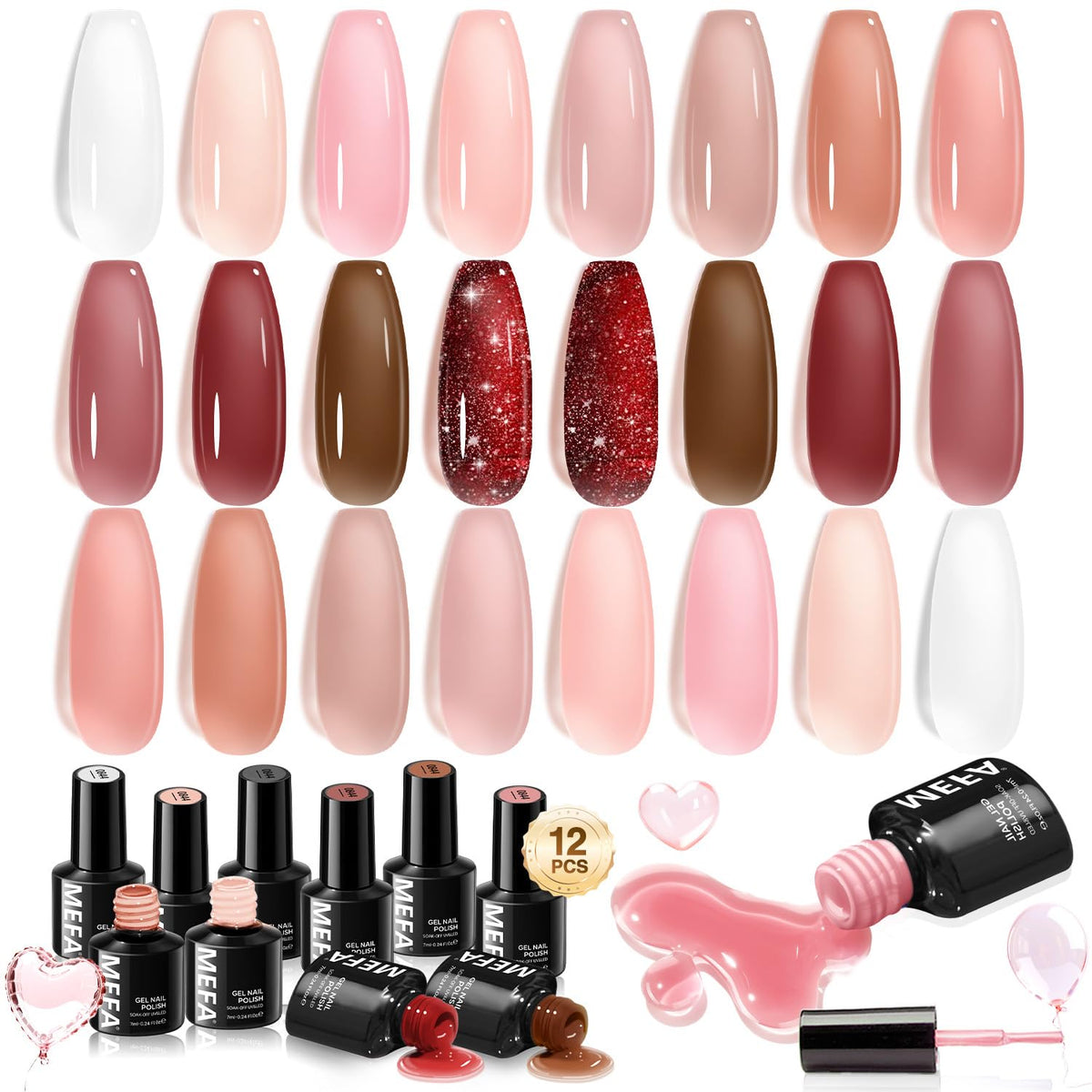 MEFA Jelly Gel Polish Set showing twelve colors for versatile at-home salon results.