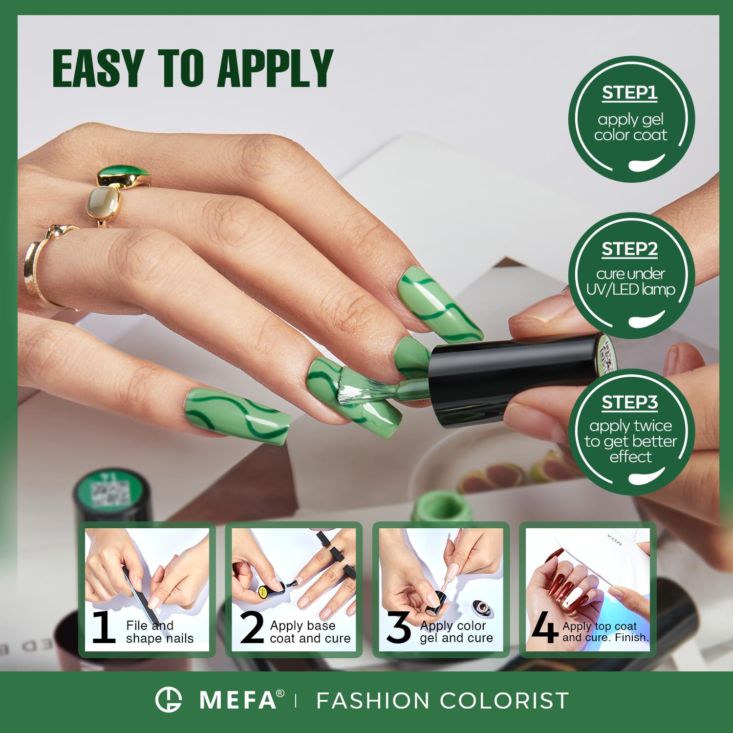 MEFA gel lamp cure shot highlights quick 60-90 second process
