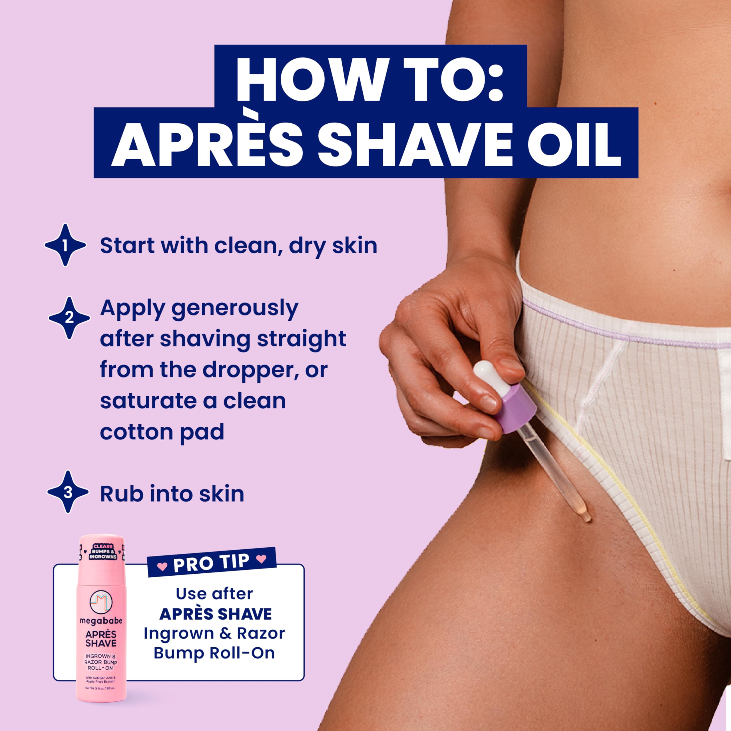 Megababe Après Shave Oil around bikini line offers gentle, fragrance-free calming care.