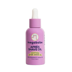 Megababe Après Shave Oil bottle with dropper enables quick, mess-free application on legs.