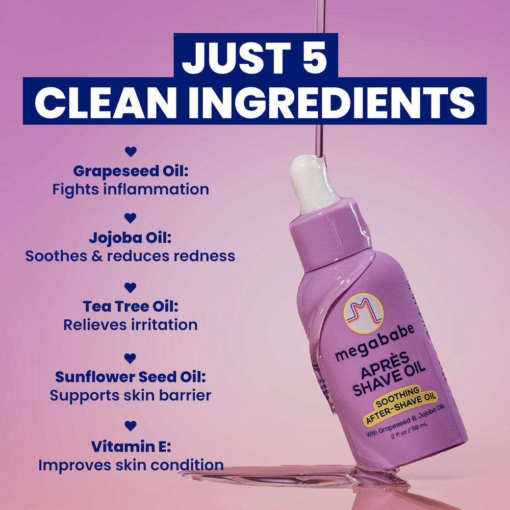 Megababe Après Shave Oil on legs post-shave promotes soothe and moisturization.