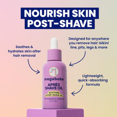Megababe Après Shave Oil applying underarms shows precise, mess-free bikini-line routine.