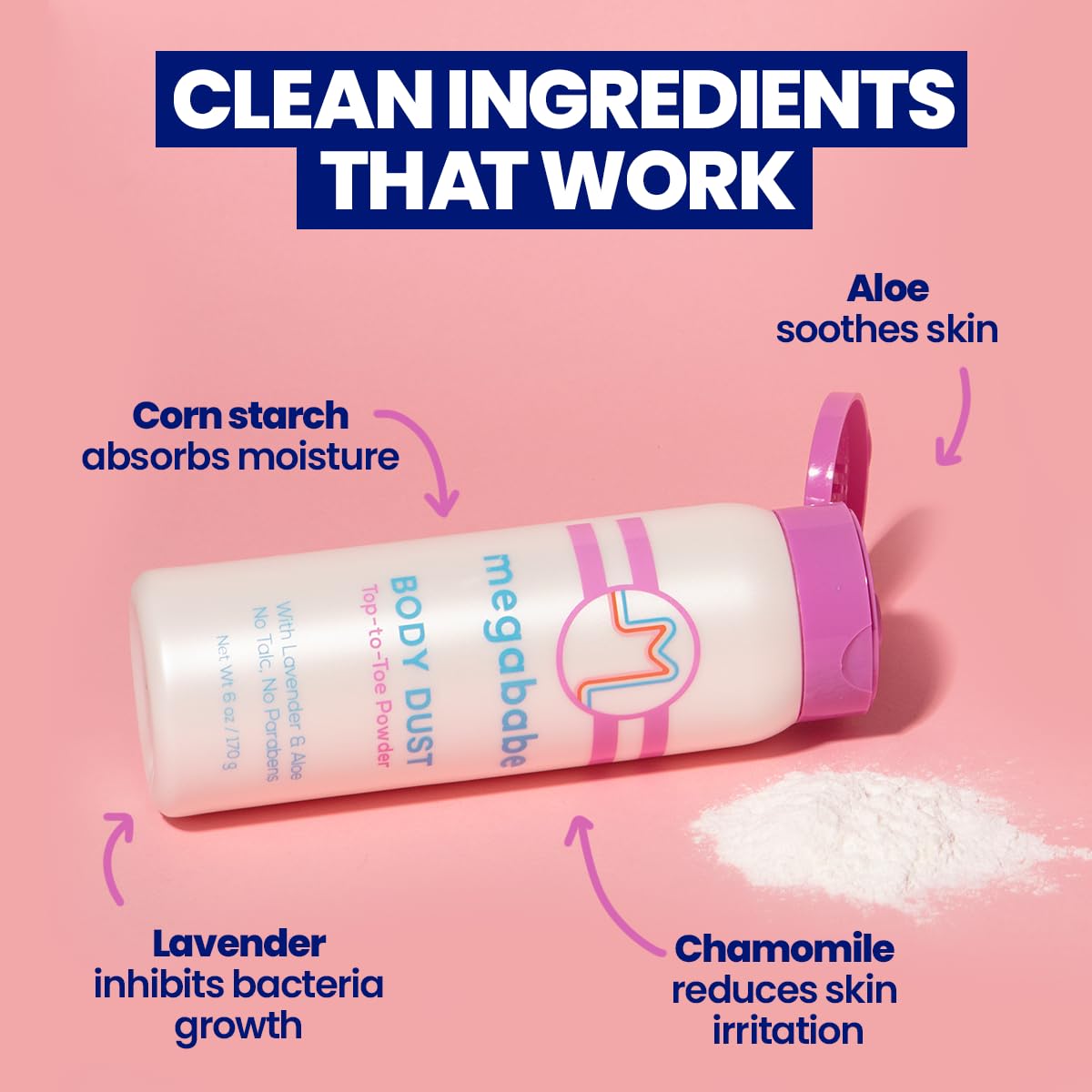 Megababe Body Dust 6oz packaging shown for travel and daily moisture control