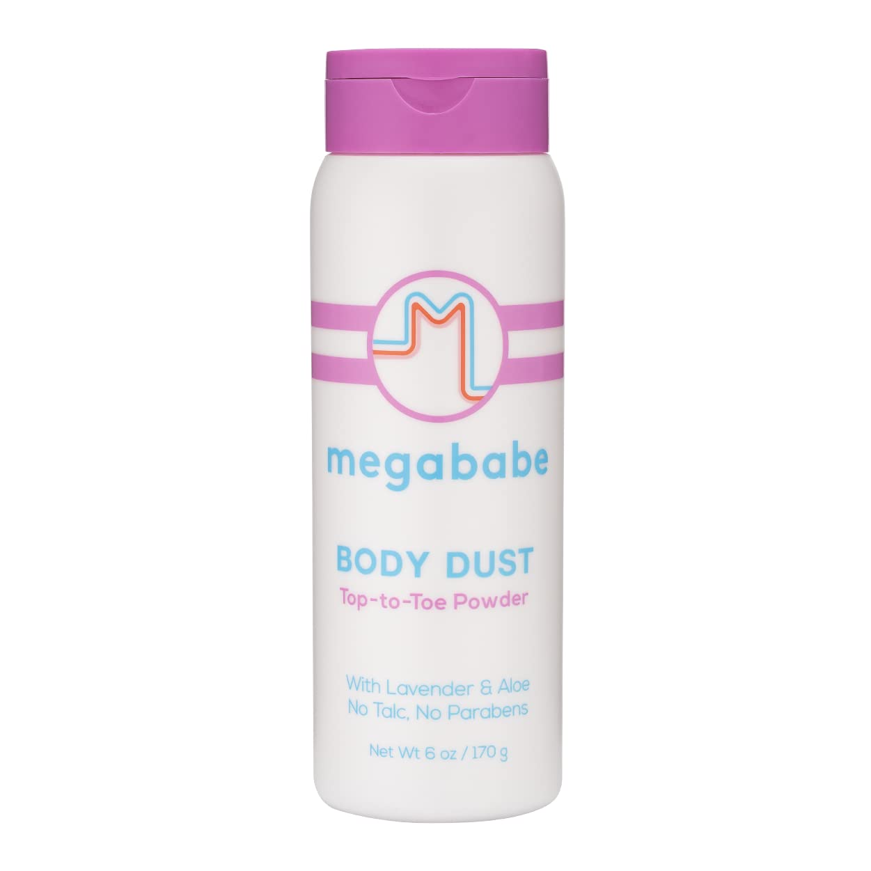 Megababe Body Dust lavender bottle close-up highlighting talc-free formula and calming scent